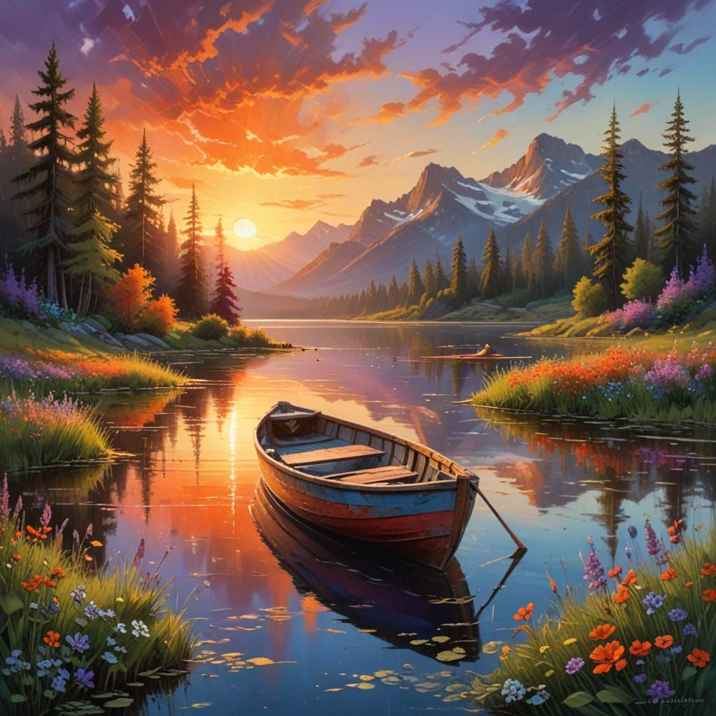 Impressionistic Sunset Landscape with Serene Lake and Pine T...