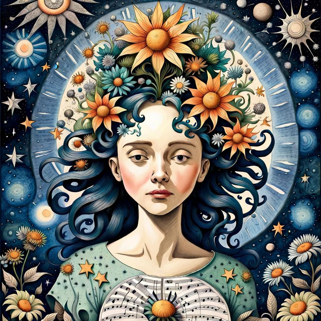 Botanical Textile Art: Woman with Flowers and Stars