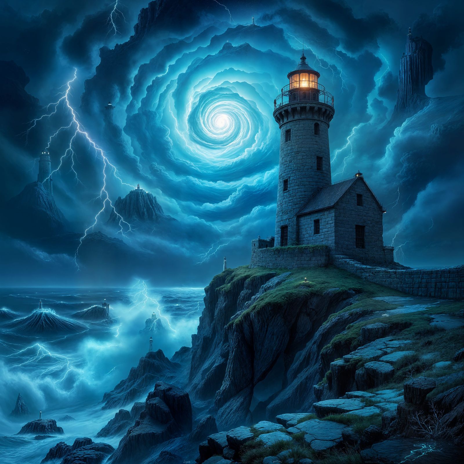 Ancient Lighthouse on Jagged Cliffs Overlooking Stormy Sea