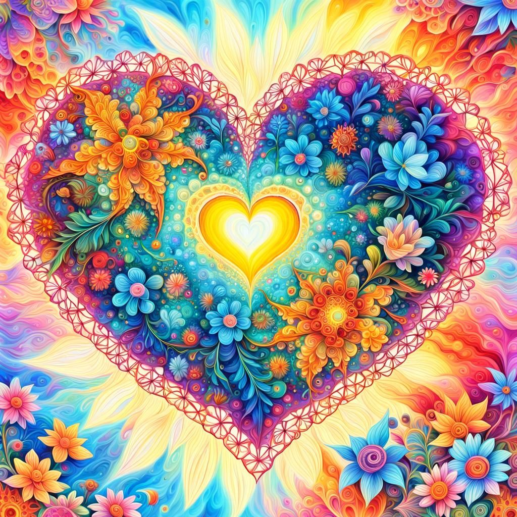 Radiant Fractal Heart in Cosmic Floral Scene