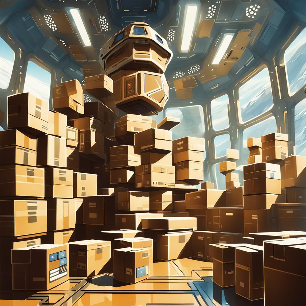 Boxes in Starship, Retro Sci-Fi Concept Art