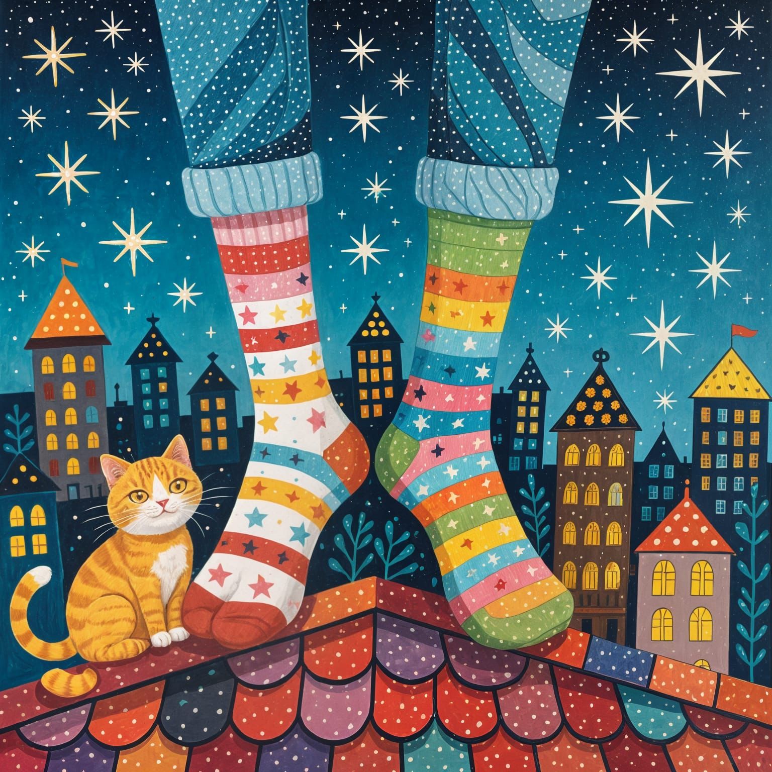 Whimsical Feet on Rooftop with Cat, Gouache Art