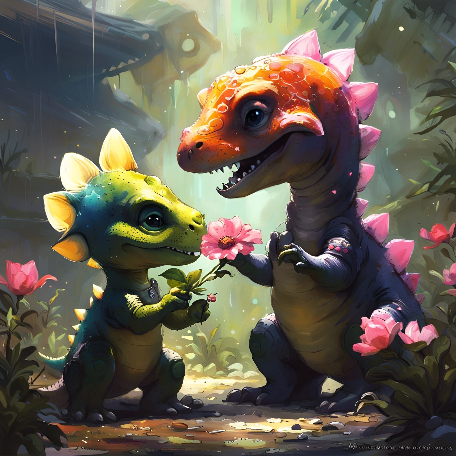 Baby Dinosaurs Share a Flower in Detailed Fantasy Art