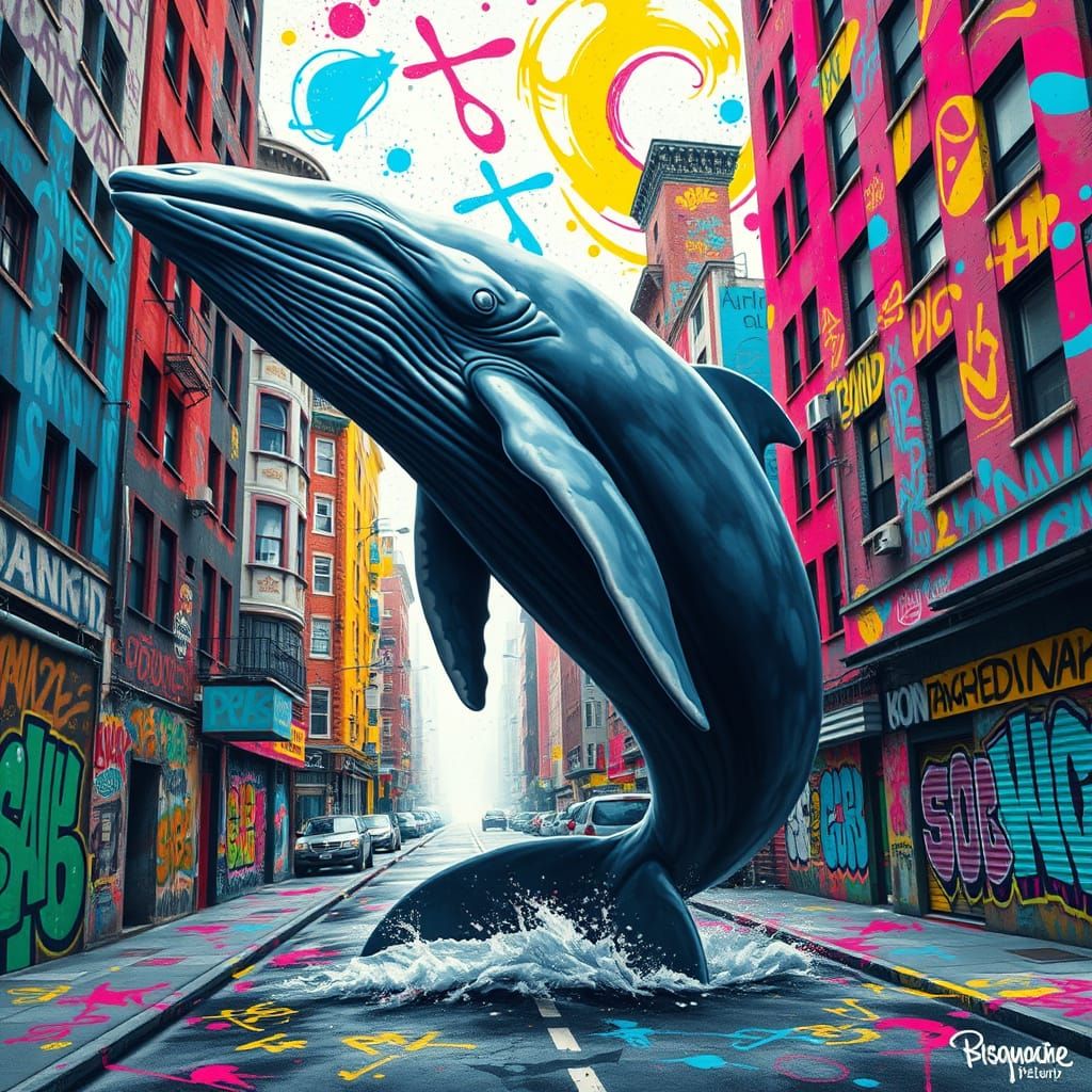 Giant Blue Whale Breaches in Vibrant Cityscape