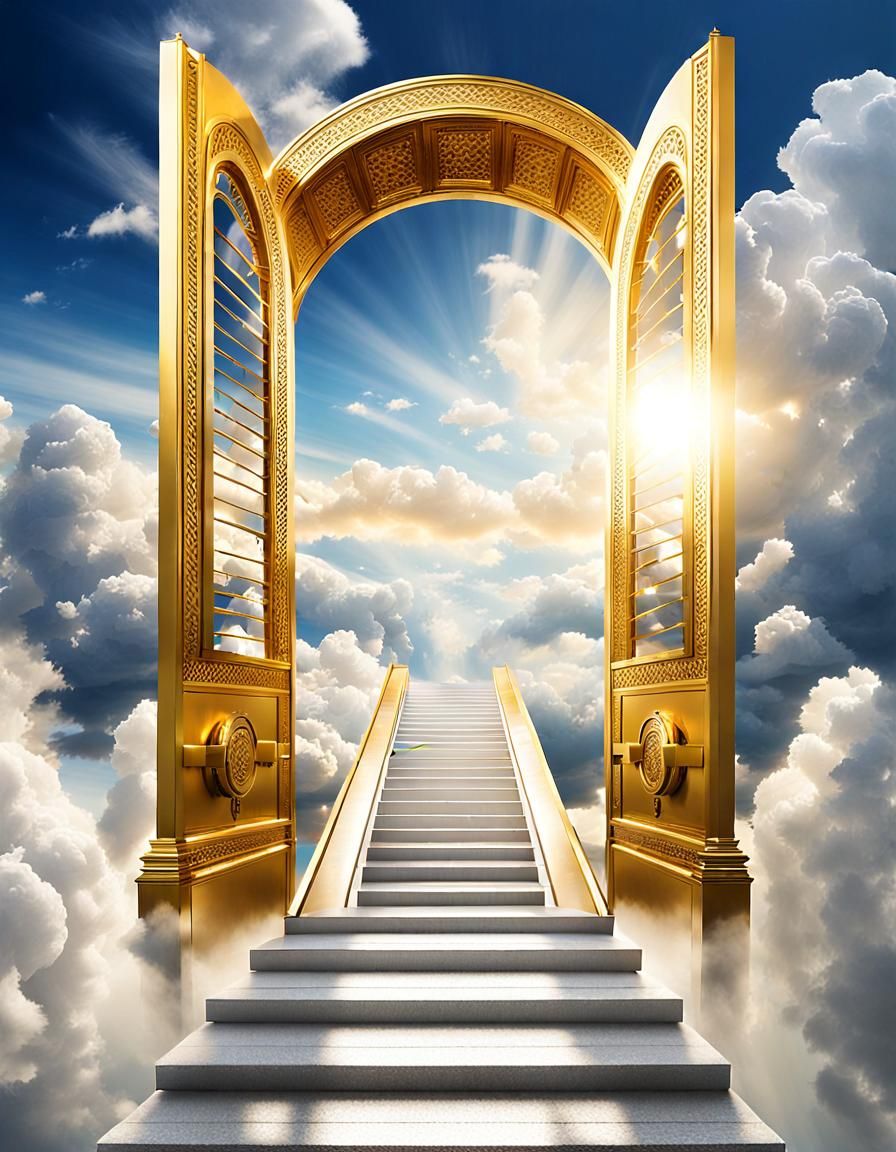 Heavenly Golden Gate with White Stairs and Clouds