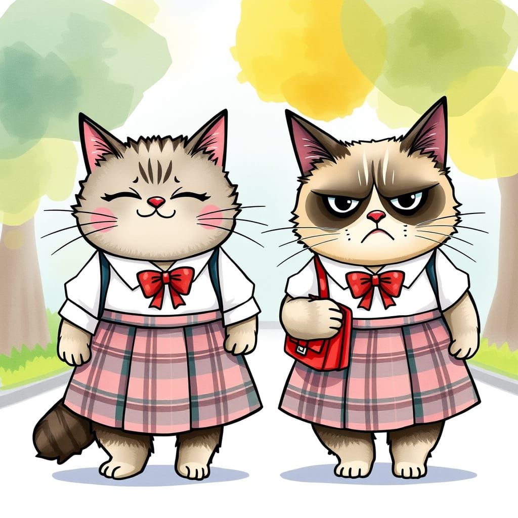 Pusheen and Grumpy Cat Attend School in Whimsical Watercolor...