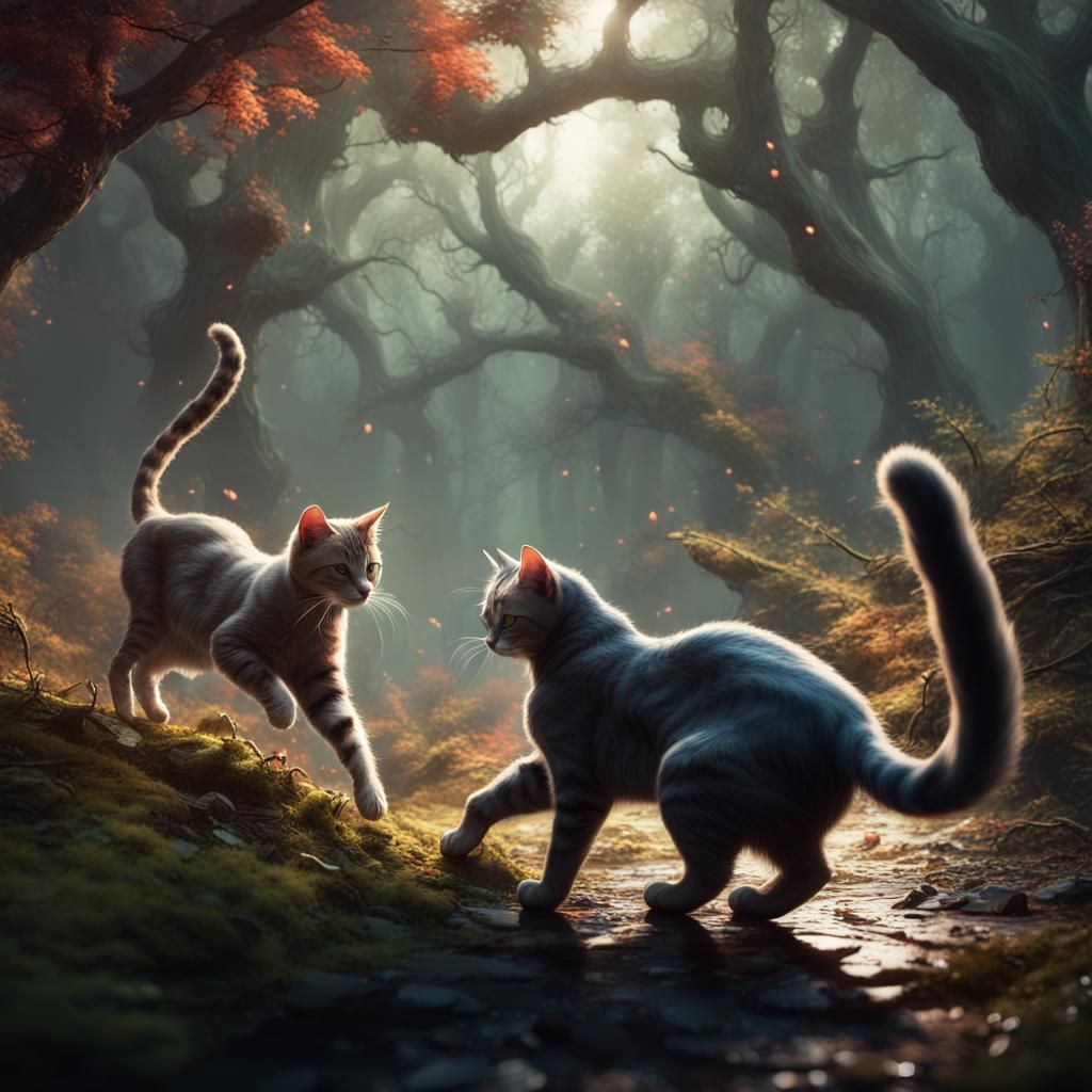 Cats Battle in Fantastical Forest Matte Painting