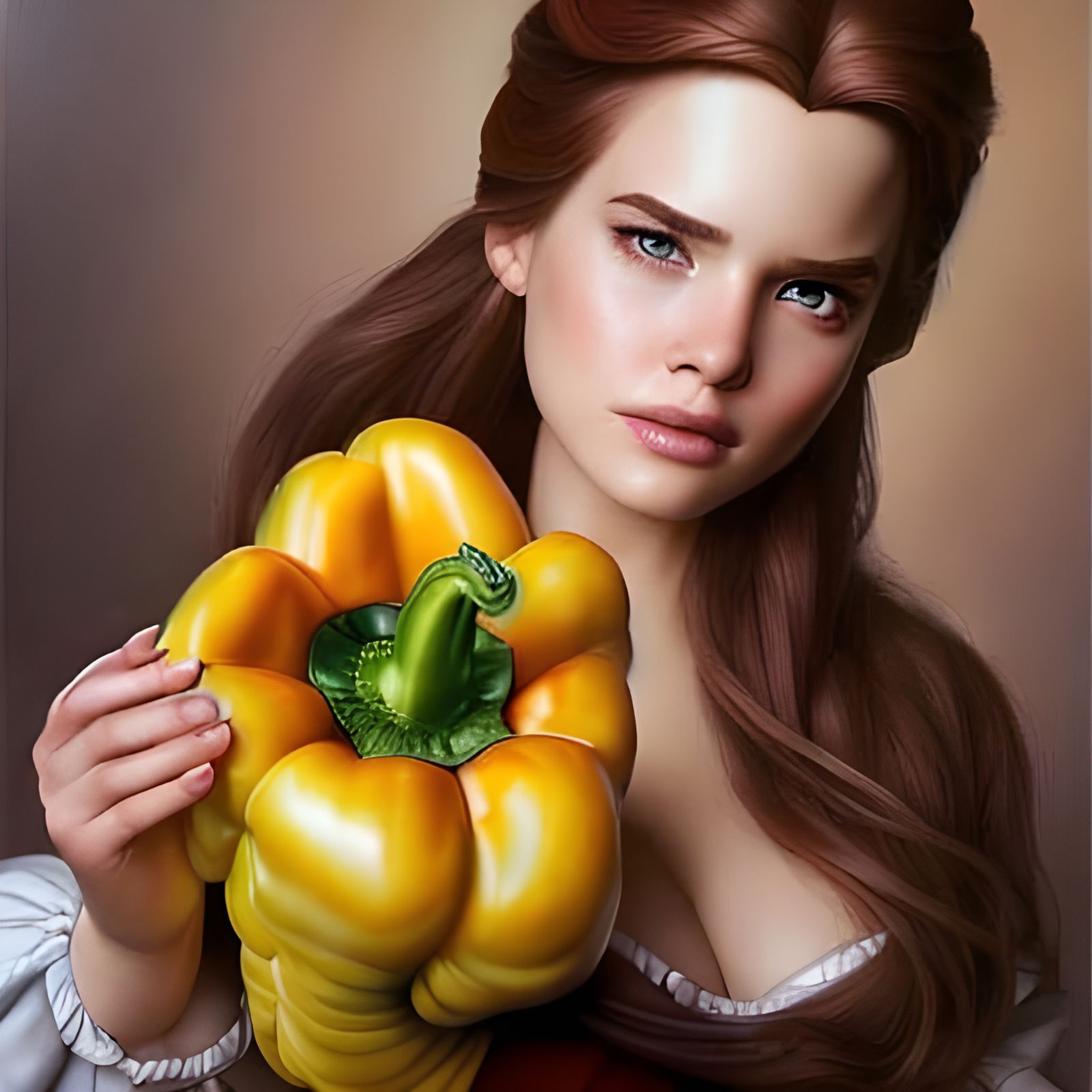 Hyperrealistic Belle with Bell Pepper, Digital Art