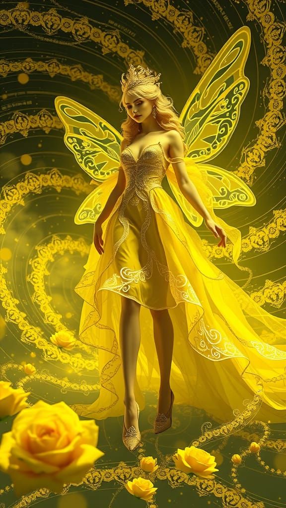 Surreal Monochromatic Fairy in Yellow Glitch Art