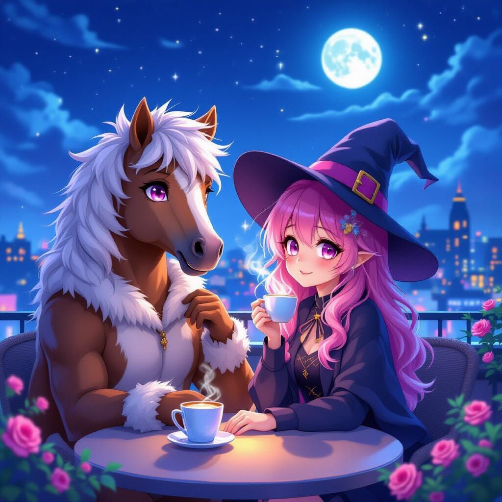 Mystical Anime Rooftop Cafe with Furry Boy and Pink-Haired G...