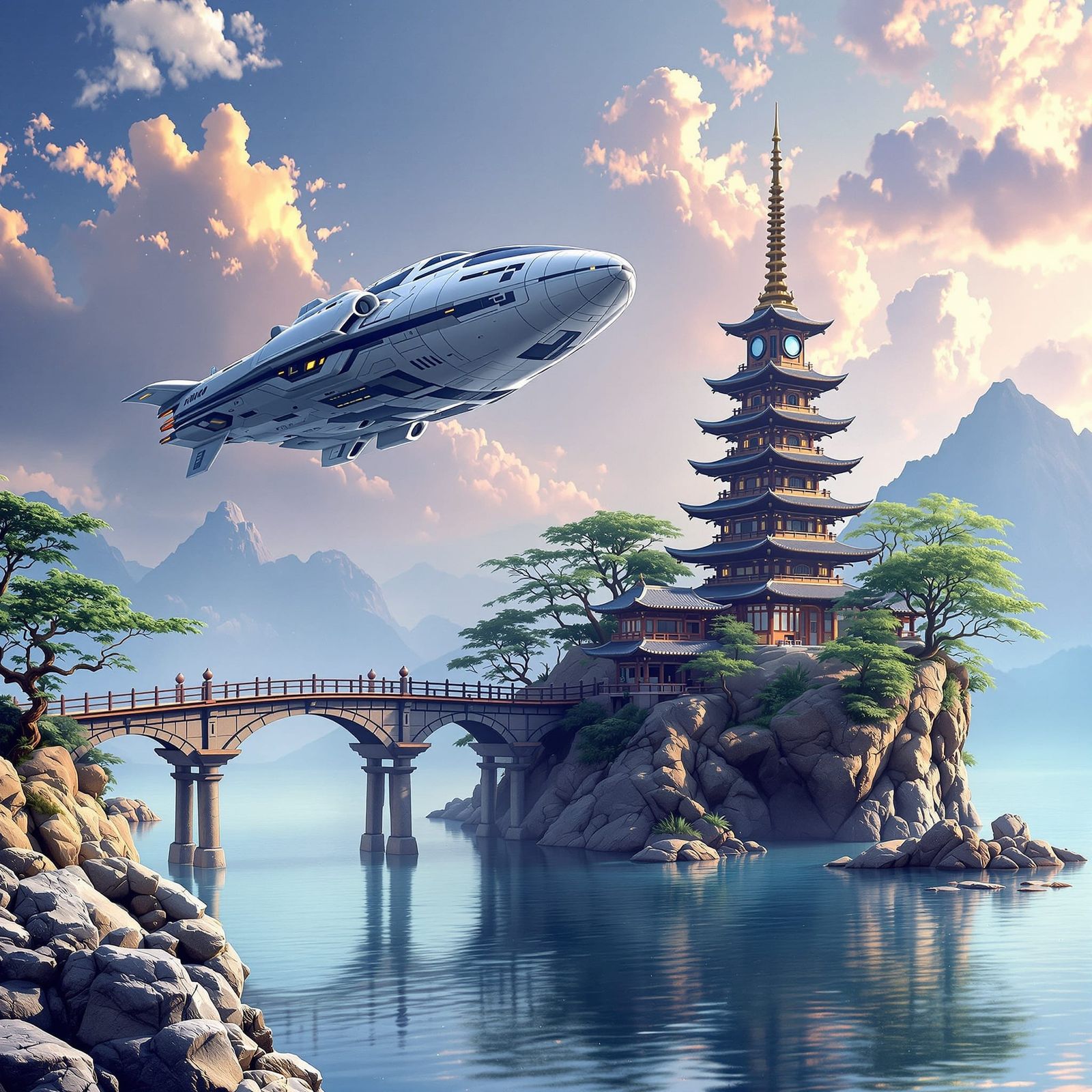 Futuristic Spaceship Soaring Past Ancient Pagoda in Watercol...