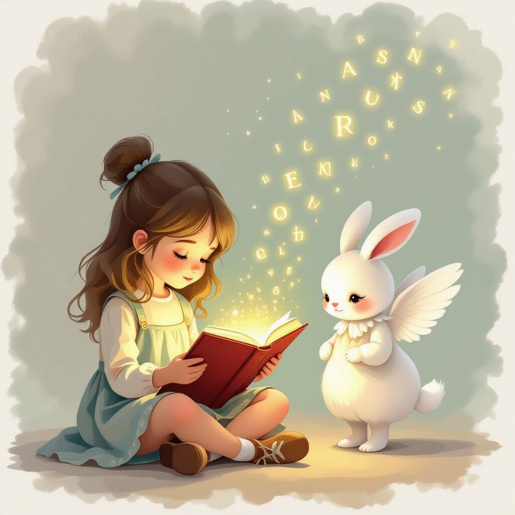 Ethereal Illustration of Girl Reading Fading Book