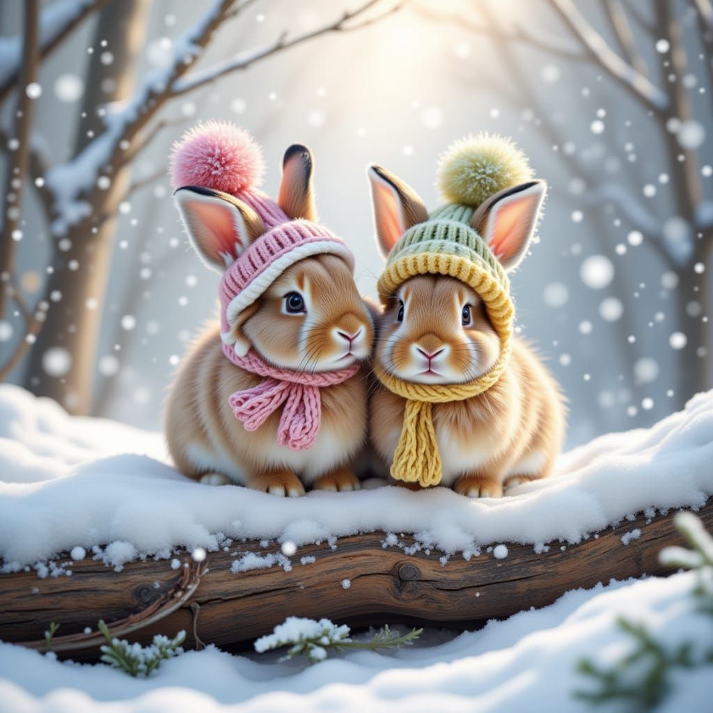 Two Adorable Bunnies in Winter Hats on Snowy Log