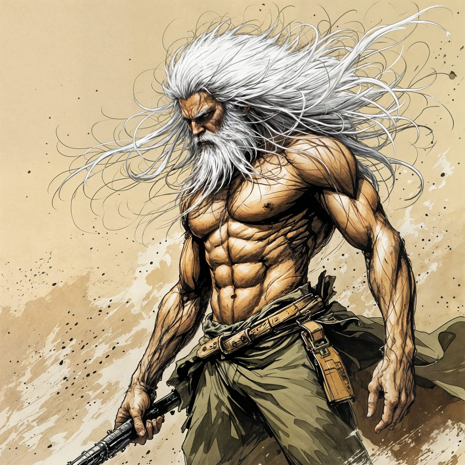 Muscular Tracker in Wilderness, Ink Drawing Style