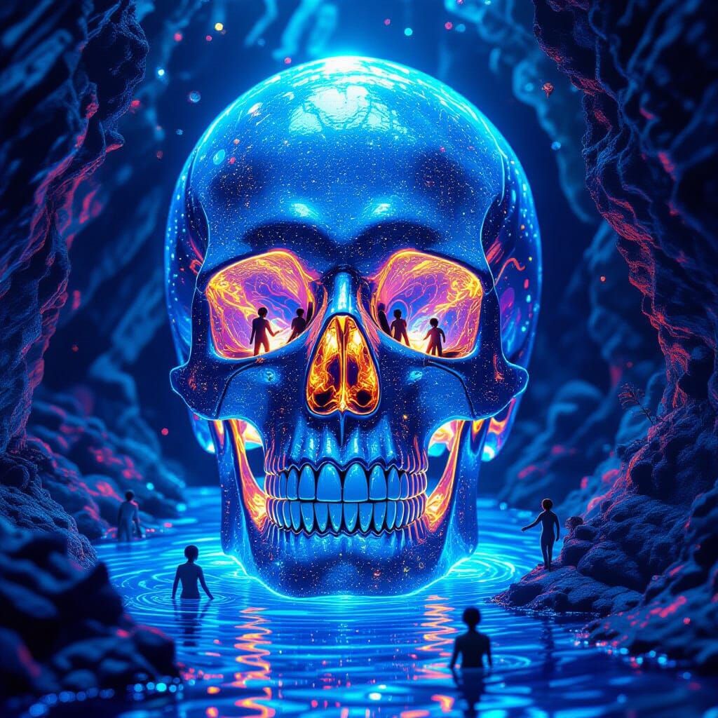 Bioluminescent Diamond Skull with Inhabitants, in Psychedeli...