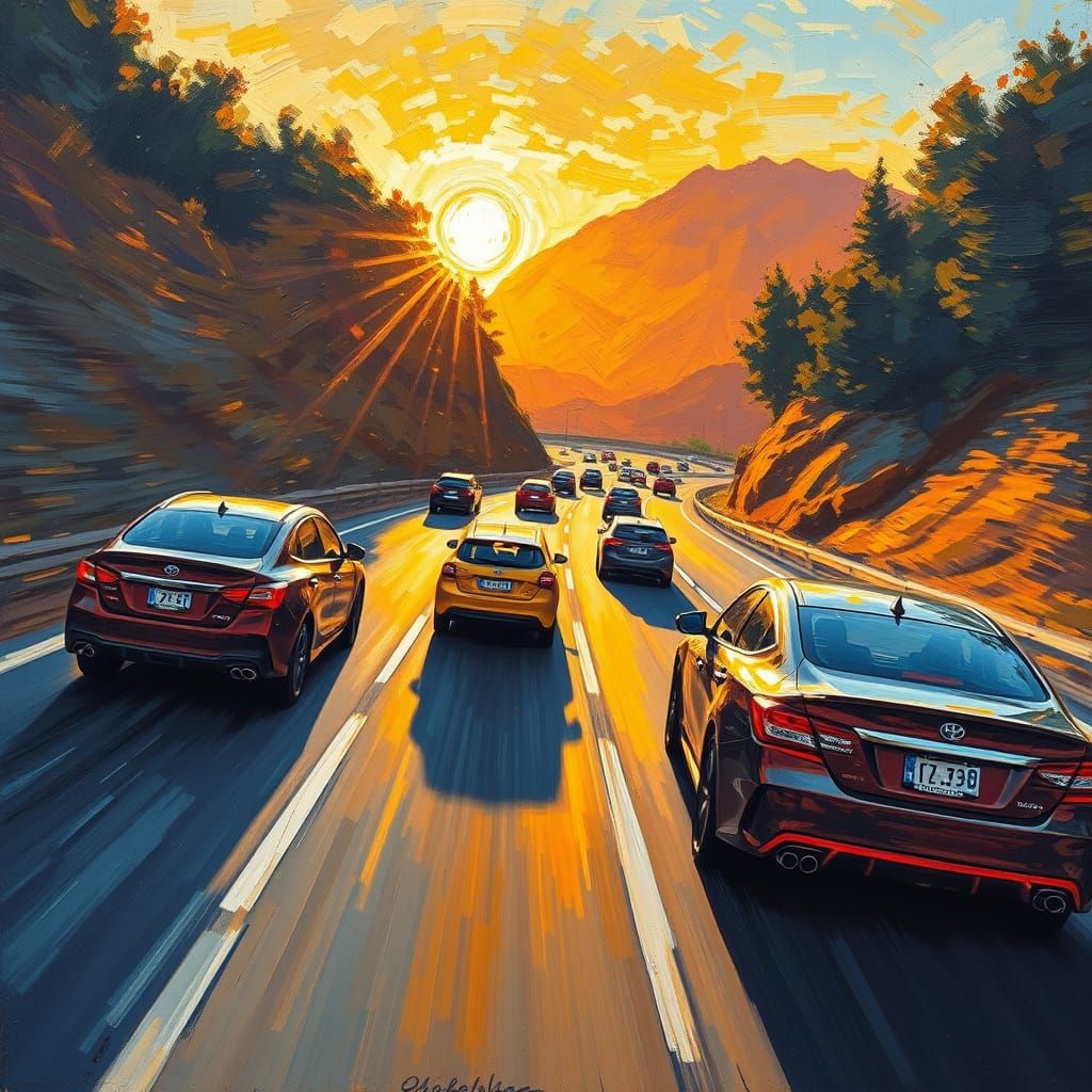 Cars Speeding on Highway at Sunrise in Expressionist Style