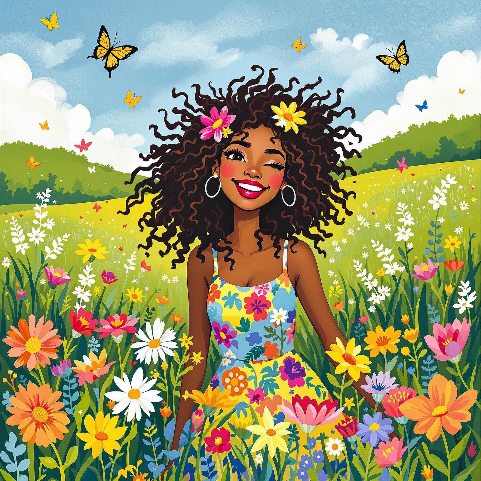 Sunny Whimsy Woman in Vibrant Floral Garb