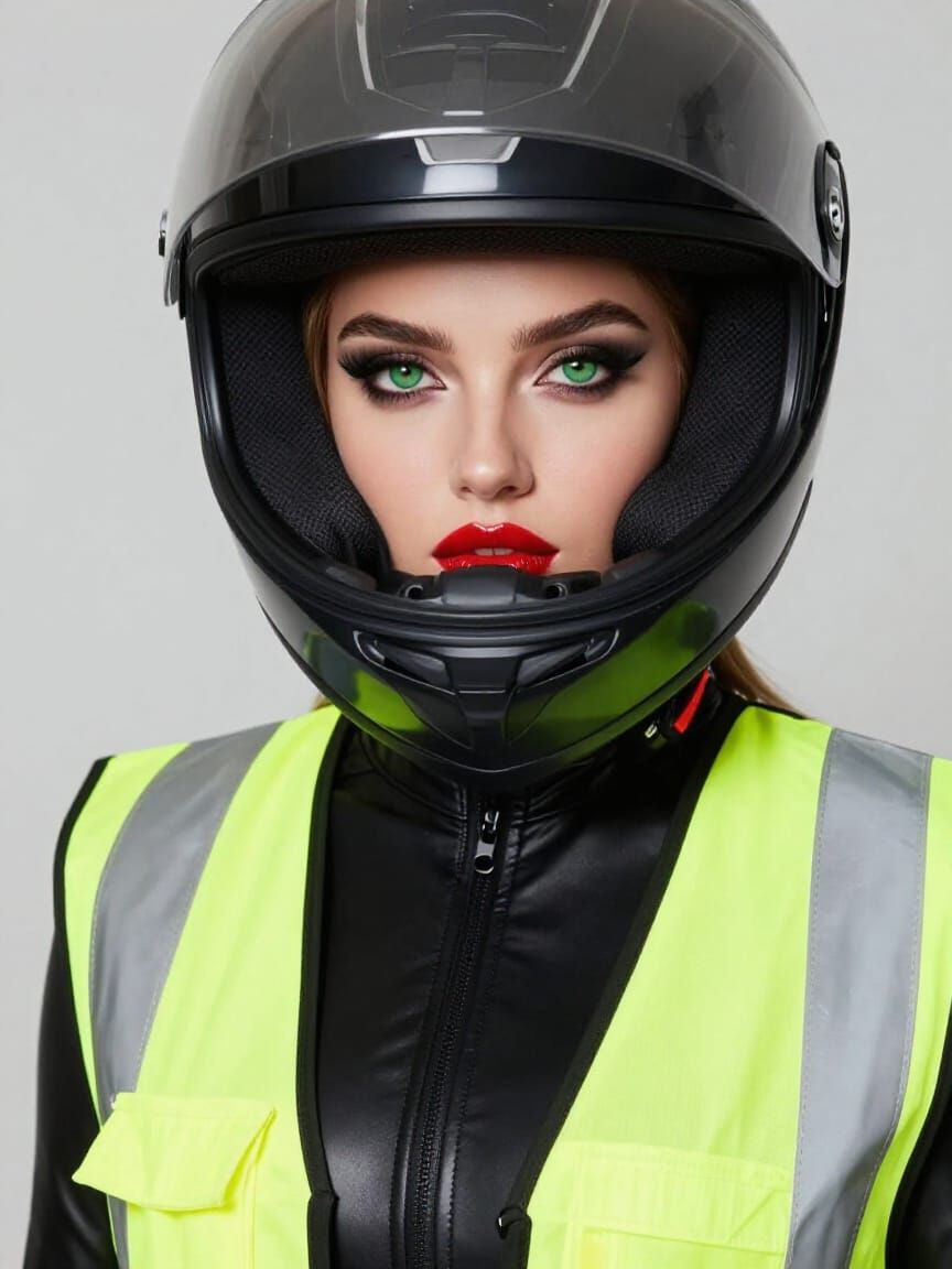 Woman in Motorcycle Helmet with Hi-Vis Vest