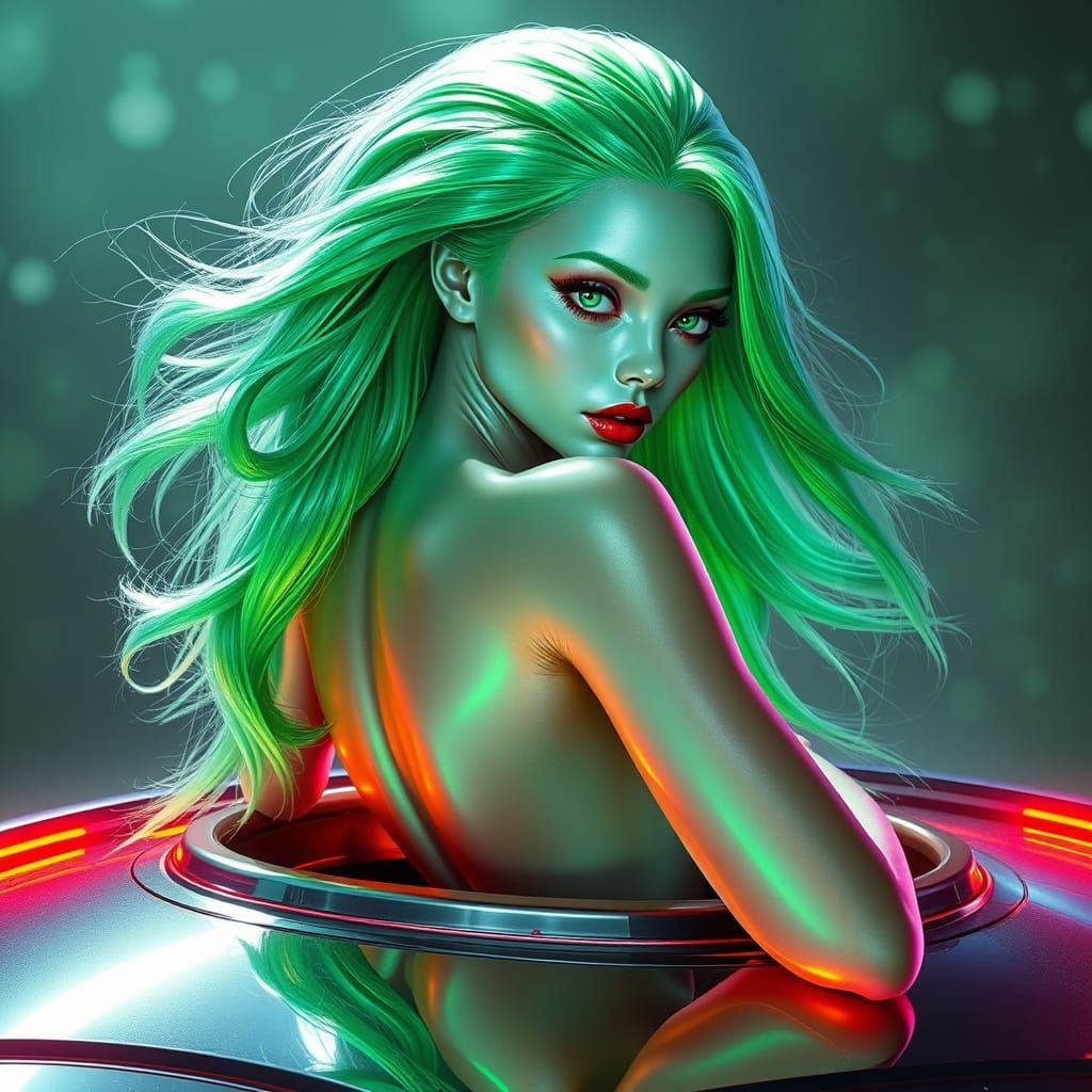 Ethereal Alien Goddess on Retro-Futuristic UFO