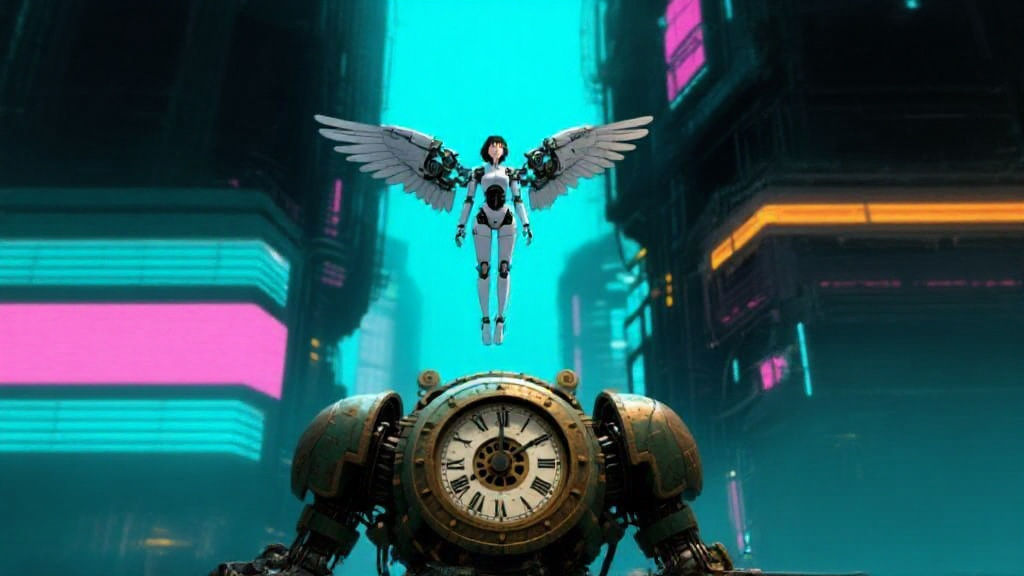 Female Robot with Wings Above Clockwork Automaton