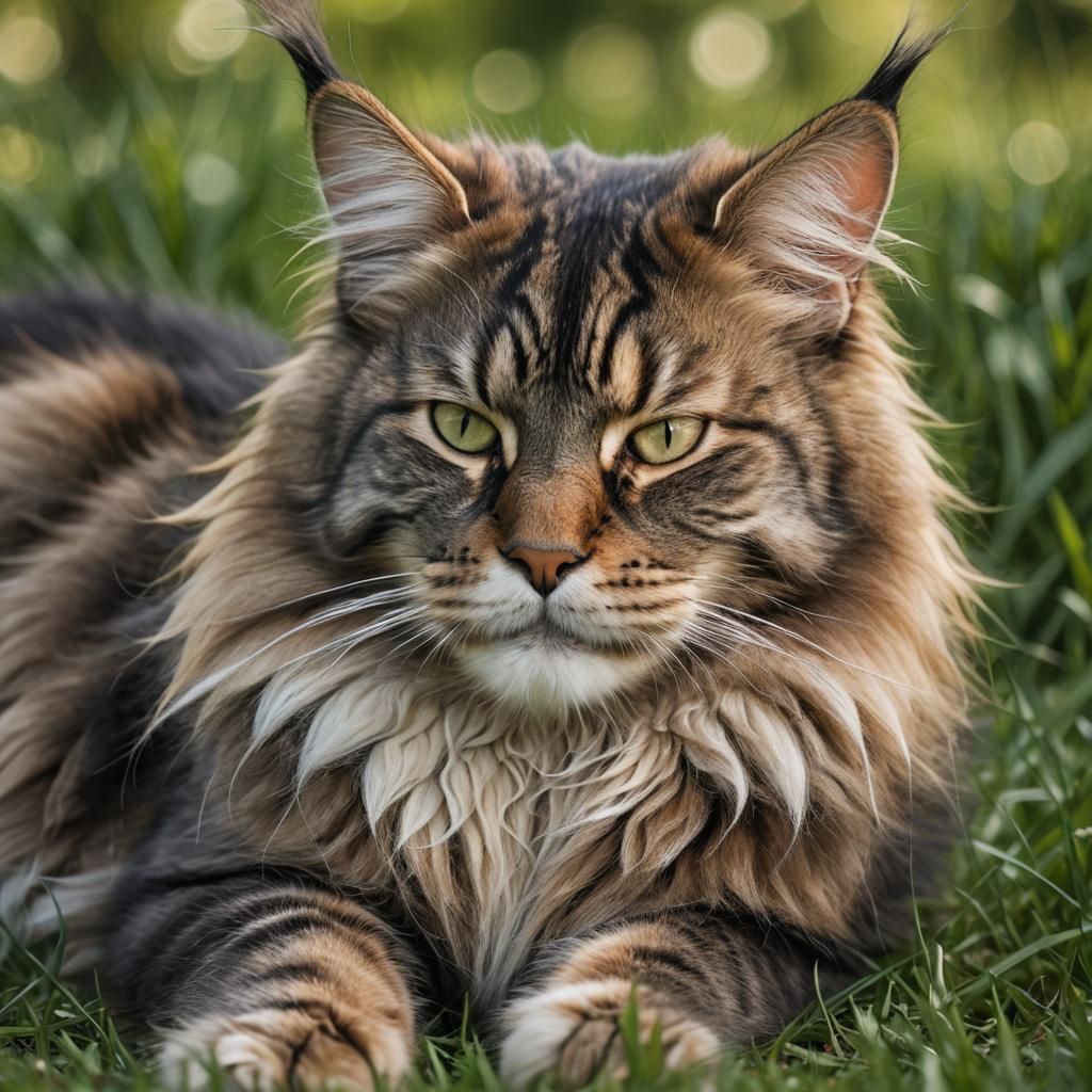 Maine Coon Cat Napping in Grassy Field