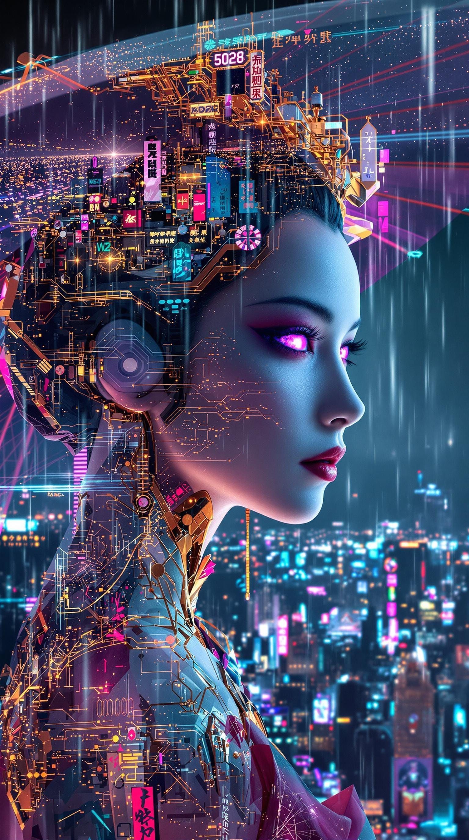 Cyberpunk Geisha Under Neon Rain