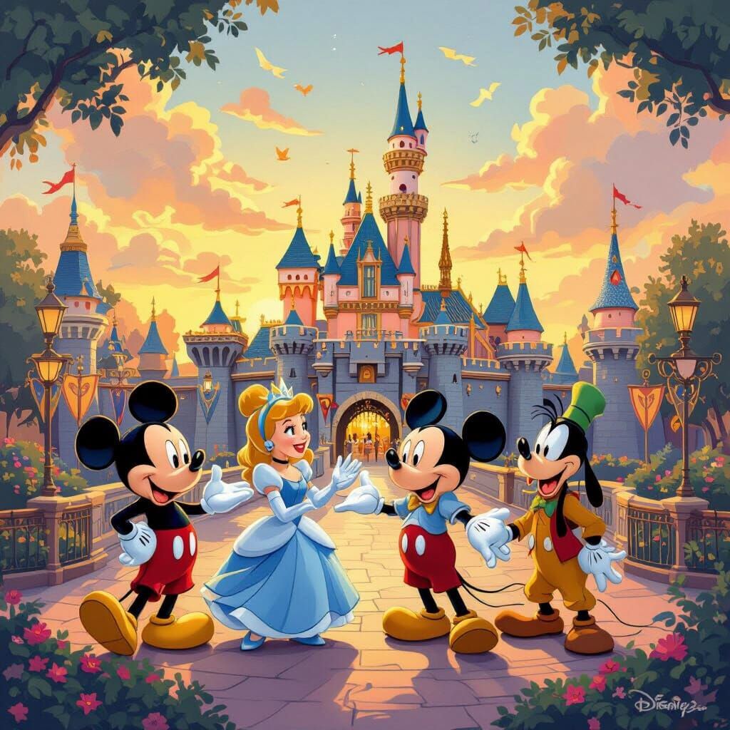Enchanting Disneyland Scene in Golden Hour Glow