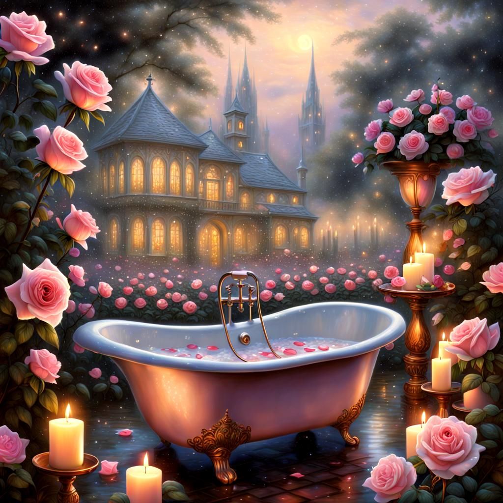 Victorian Bathtub in Enchanted Rose Garden, Illustration Sty...