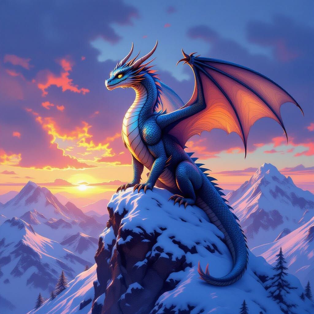 Opalescent Dragon on Snow-Capped Peak in Hyperrealistic Styl...