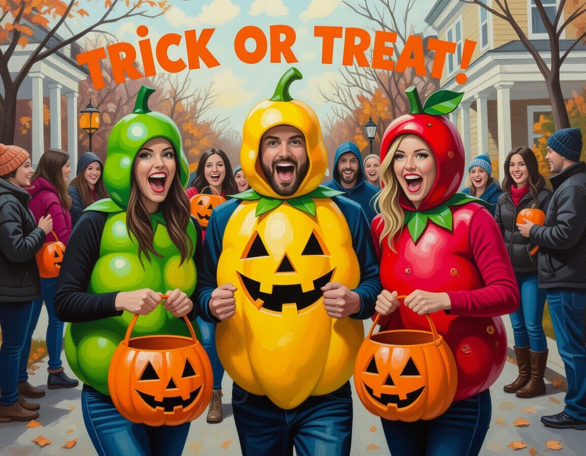Adults in Fruit Costumes Trick-or-Treating: Post-Impressioni...