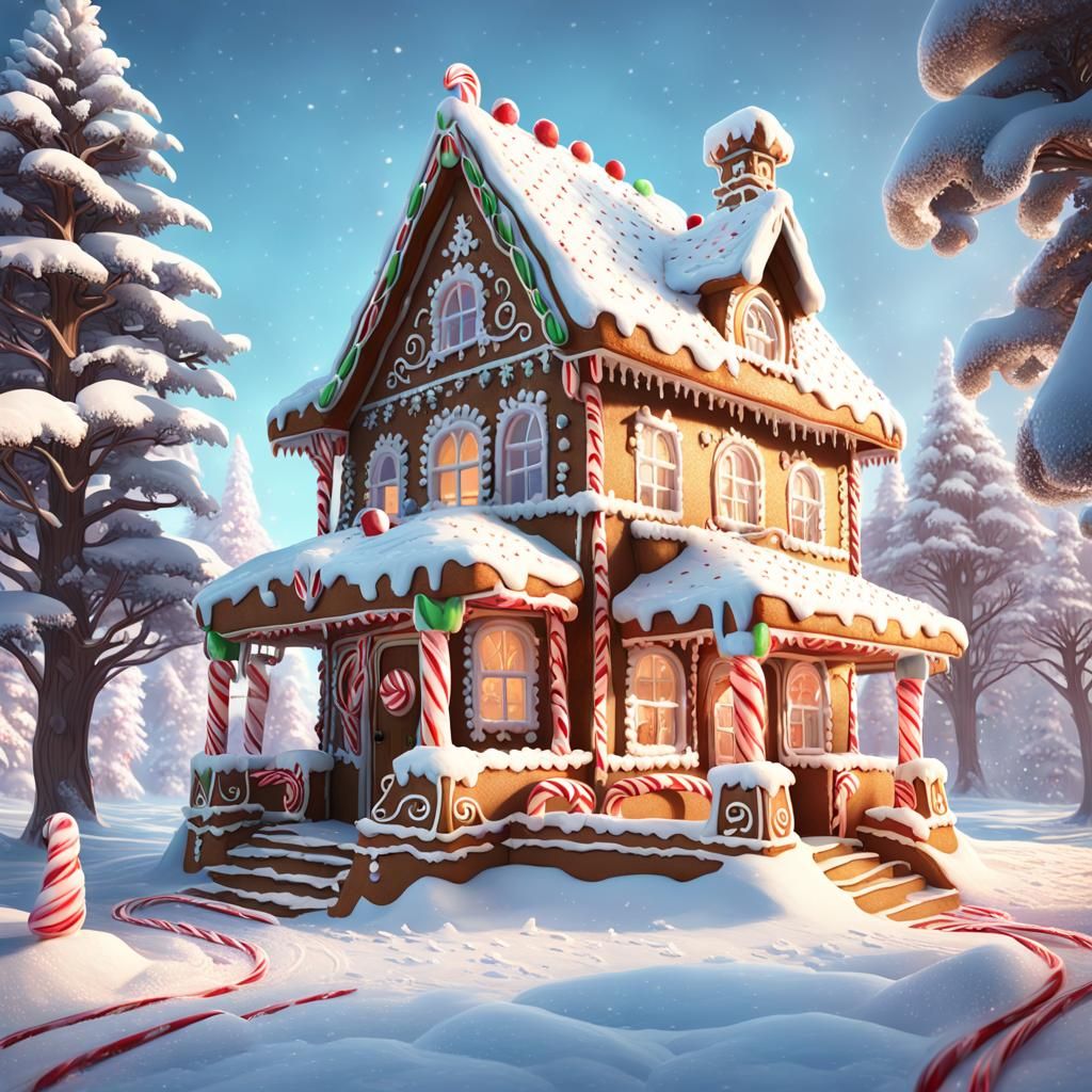 Gingerbread House in Winter Wonderland, Digital Art