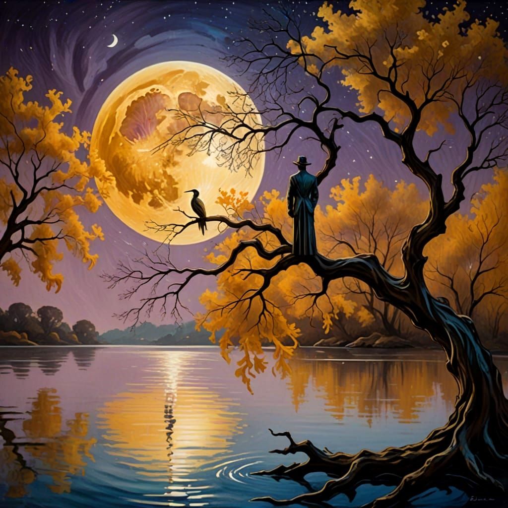 Dreamlike Landscape with Glowing Moon and Contemplative Figu...