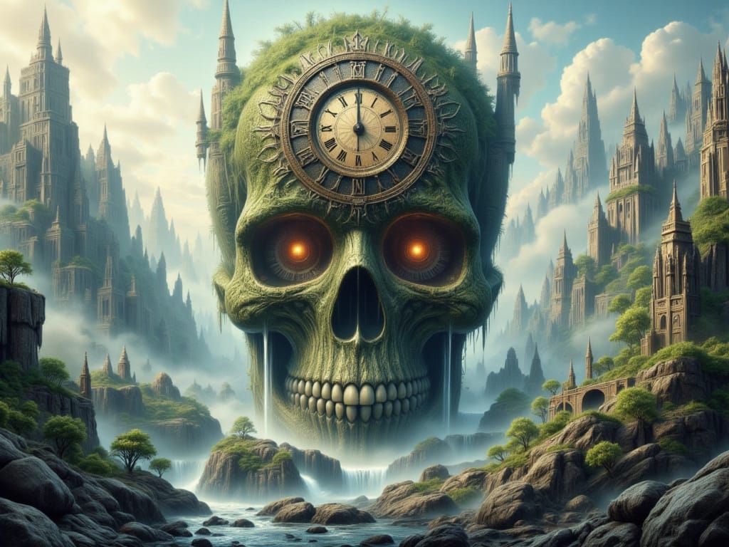 Ethereal Fantasy Landscape with Skull Mountain and Medieval ...
