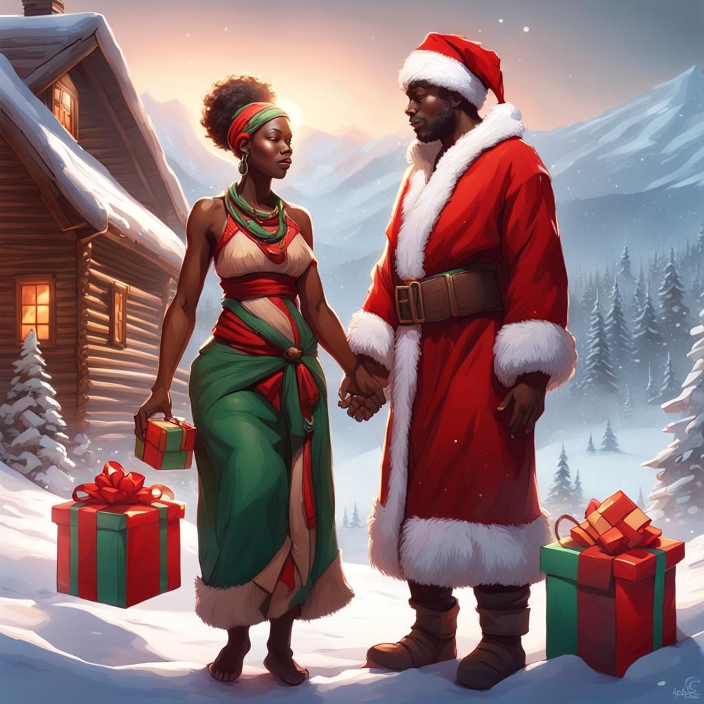 African Santa and Mrs. Claus in Snowy Mountains