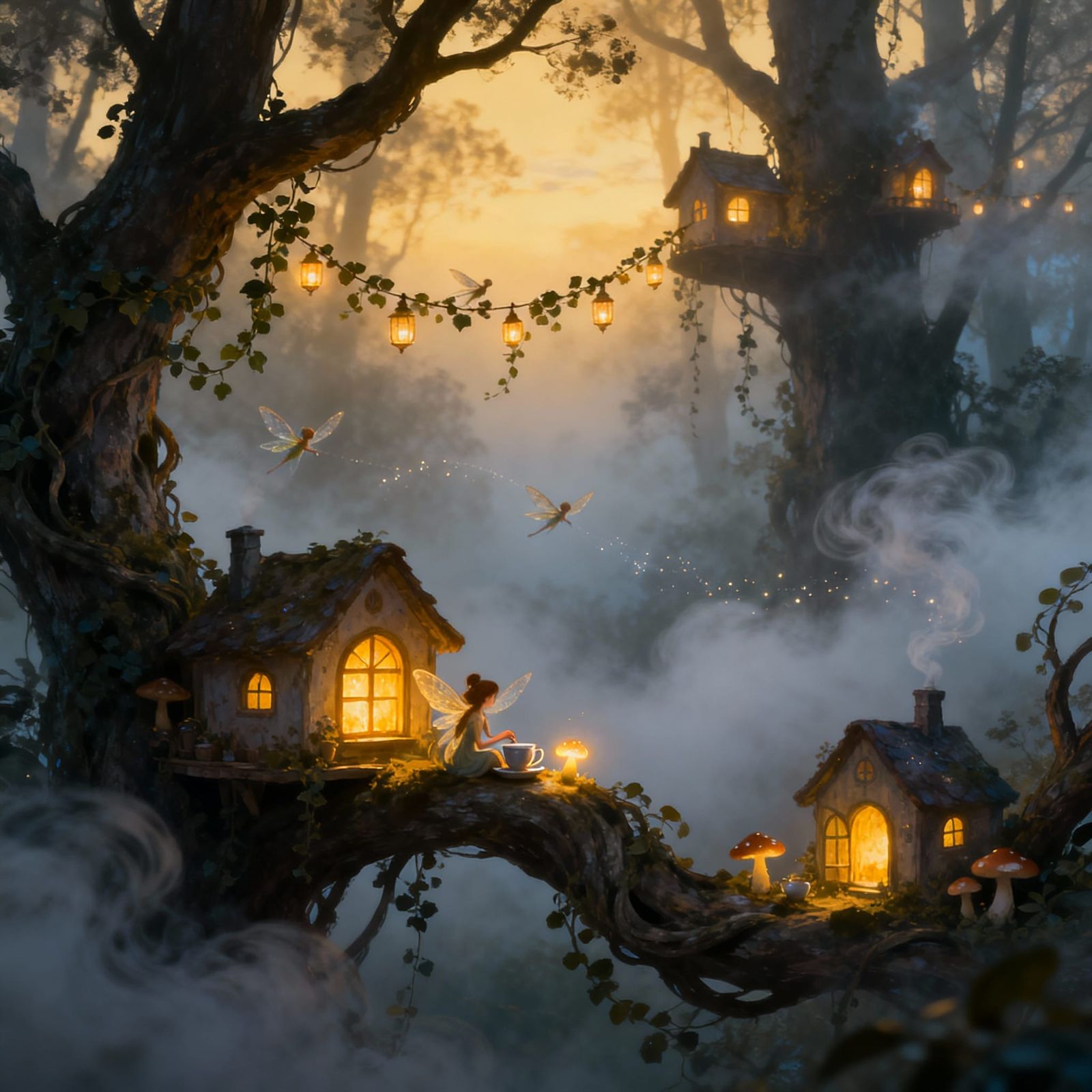 Whimsical Forest Cottages with Fairies in Twilight Fog