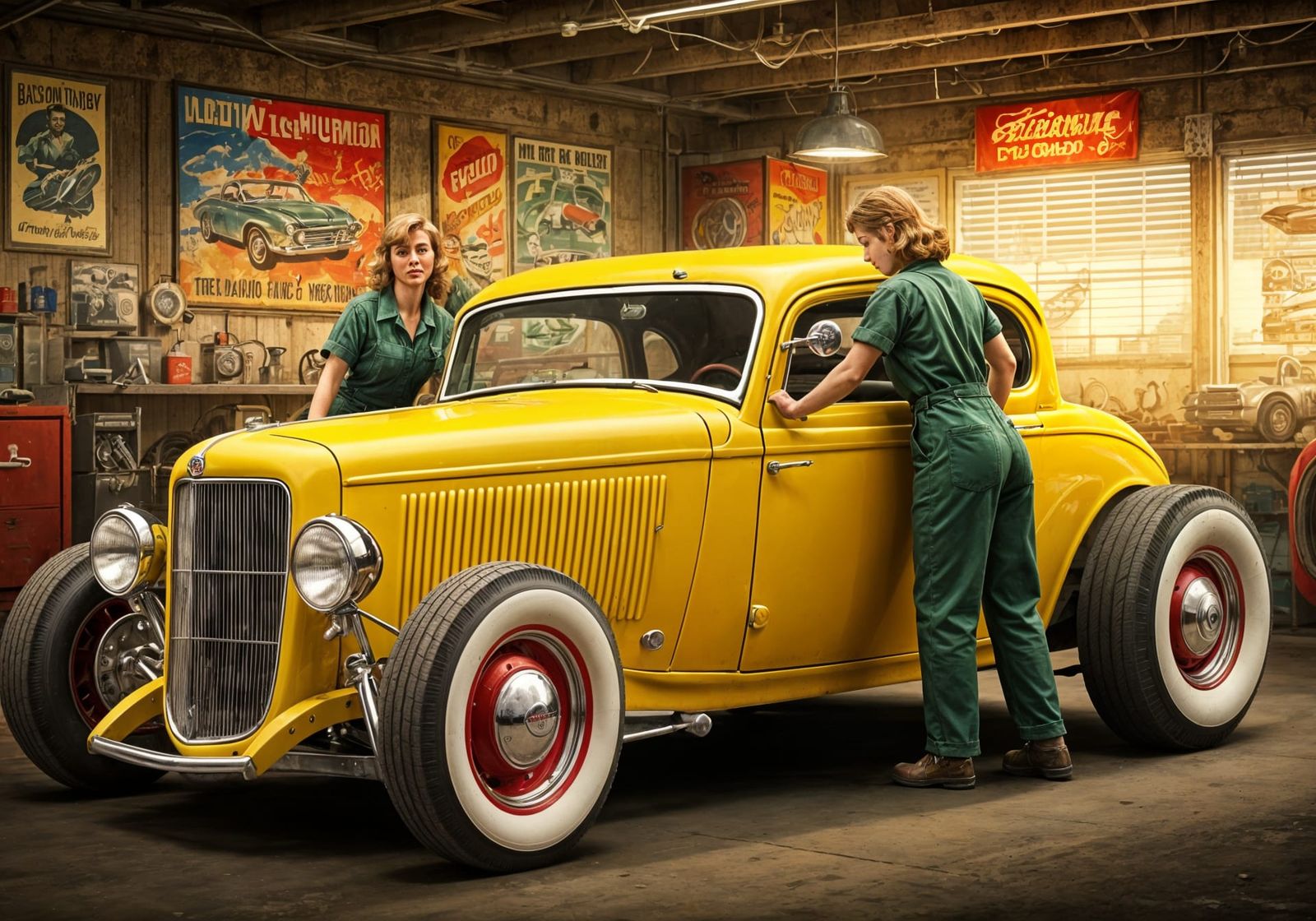 Female Car Mechanics Working on Hot Rod, Pin-Up Style