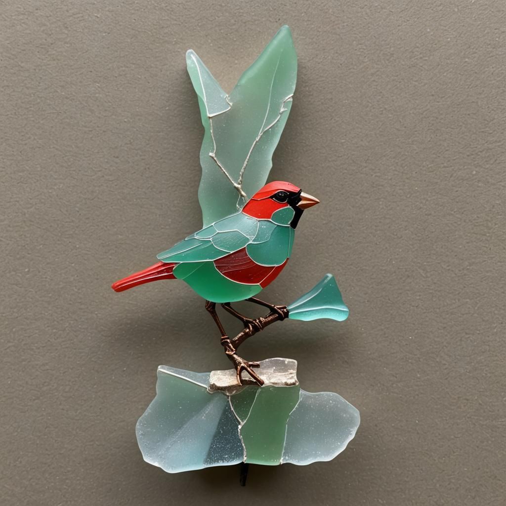 Seaglass Sculpture of a Red Finch