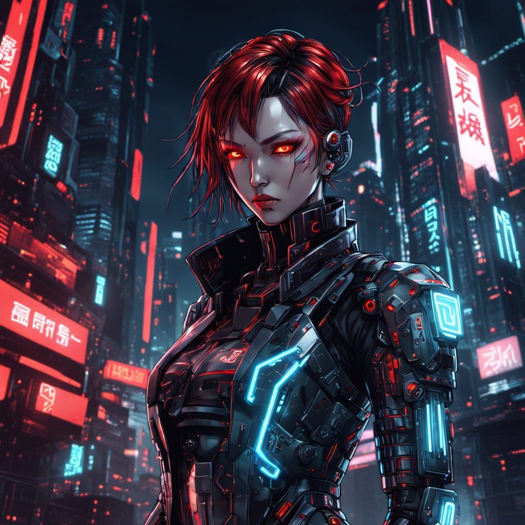 Cyberpunk Android with Red Eyes in Anime Style