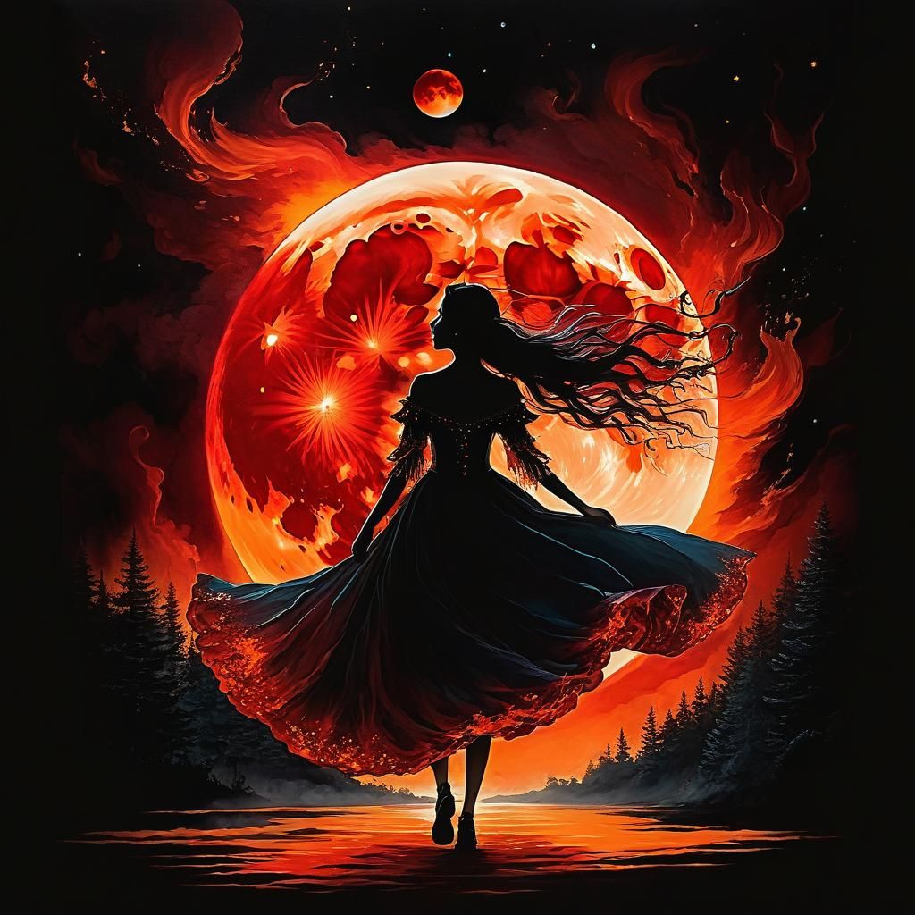 Fire Maiden Walks in Sky with Red Moon