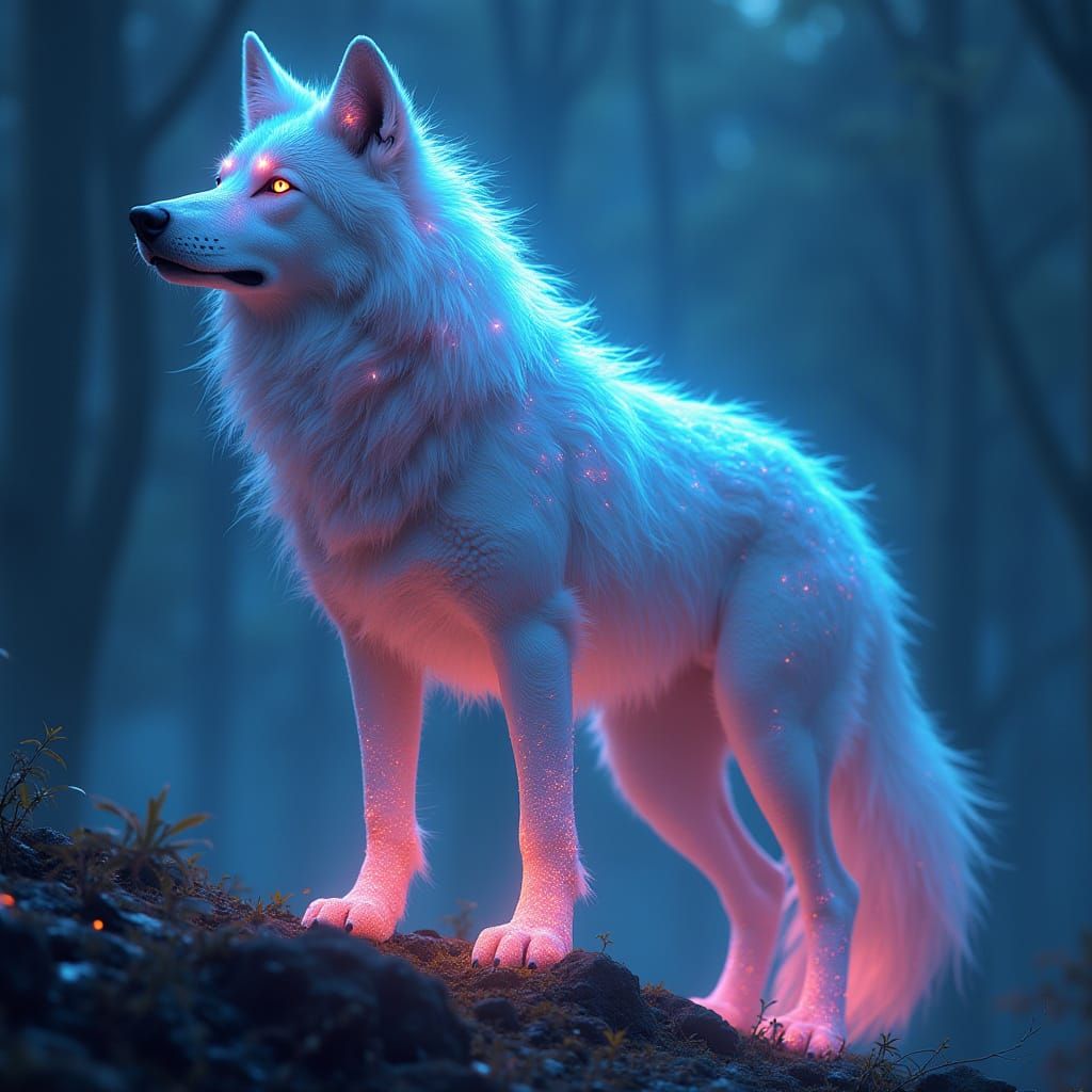 Ethereal Wolf Illuminates Dreamlike Landscape