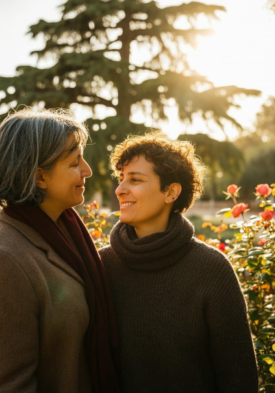 Gay Couple Embracing in Mediterranean Park