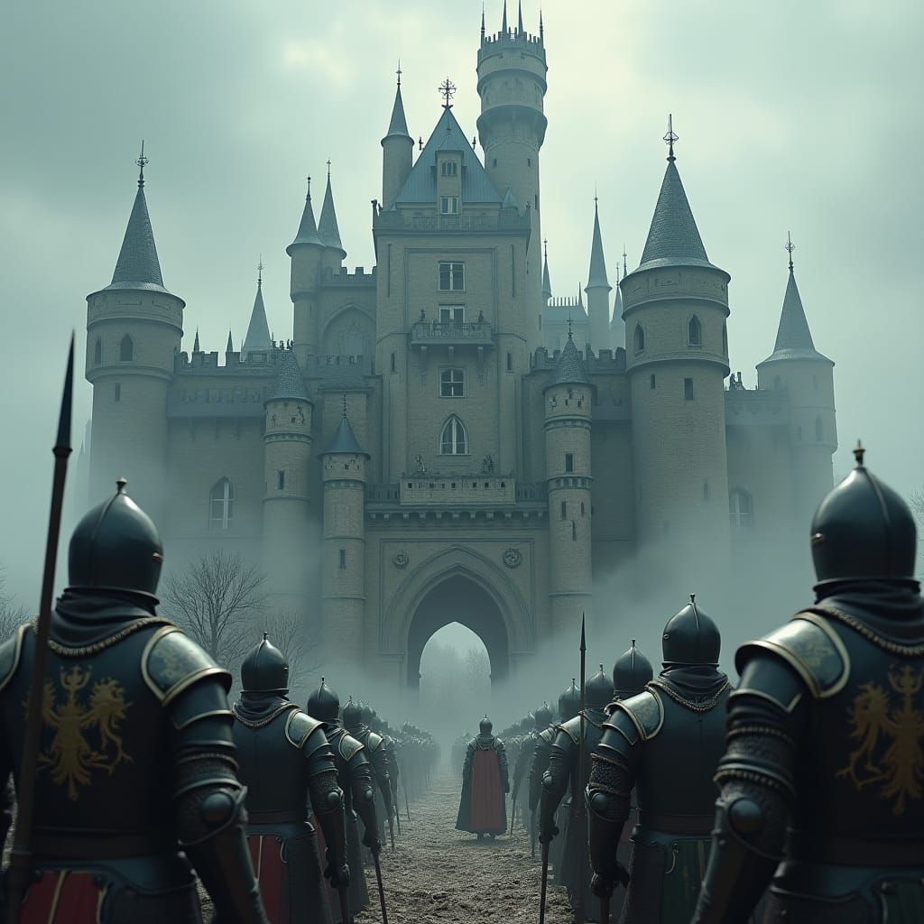 Majestic Medieval Castle with Knights, Digital Matte Paintin...