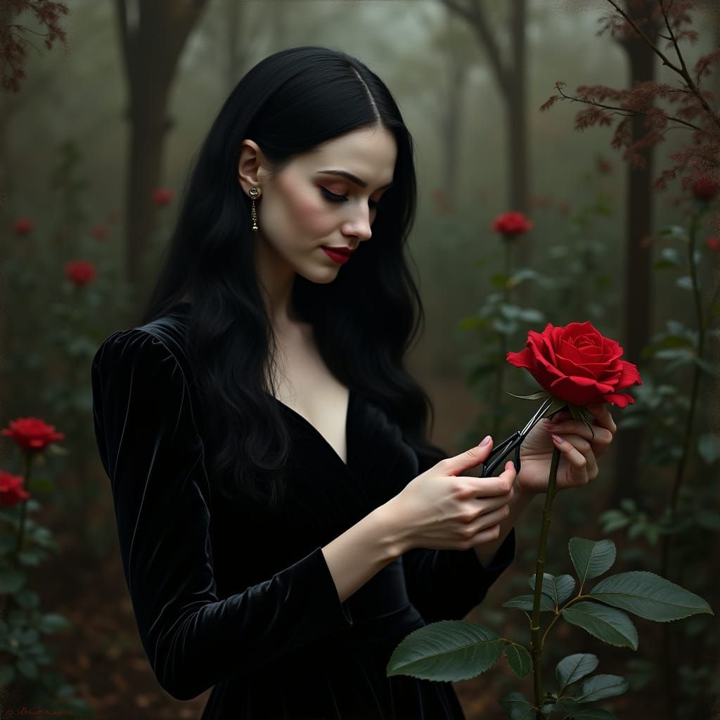 Morticia Addams in Victorian Greenhouse as Oil Painting