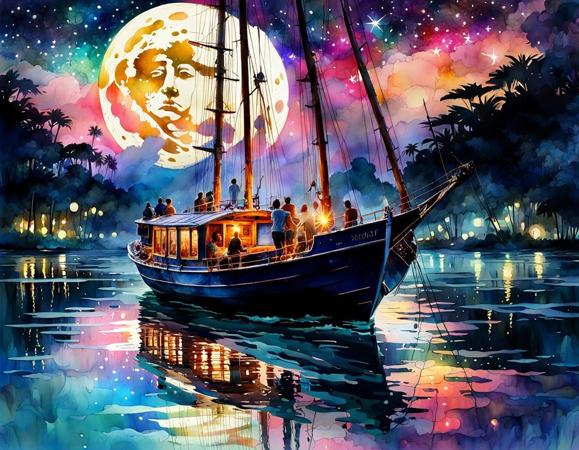 Moonlit Waters: Sailors in a Digital Watercolor Illustration