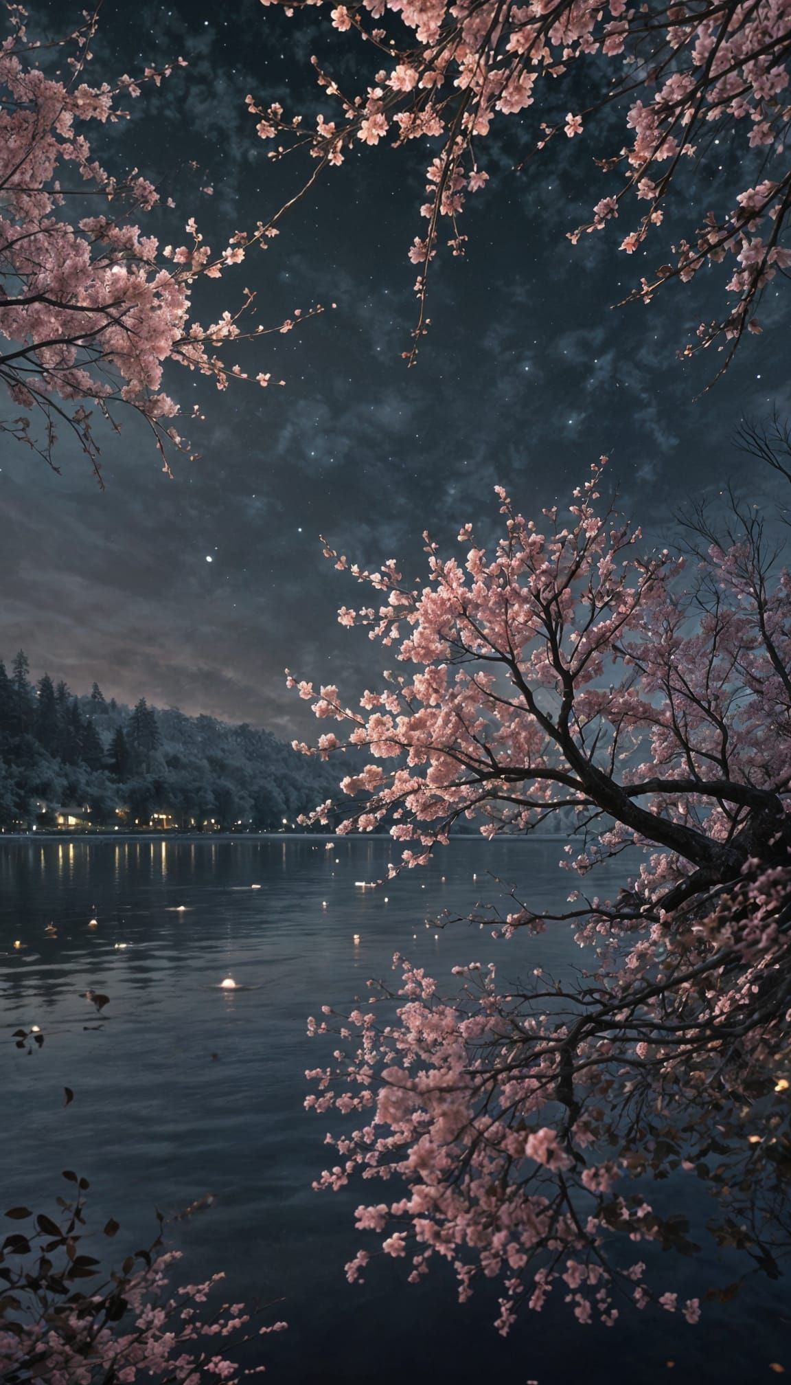 Ethereal Cherry Blossom Landscape at Night
