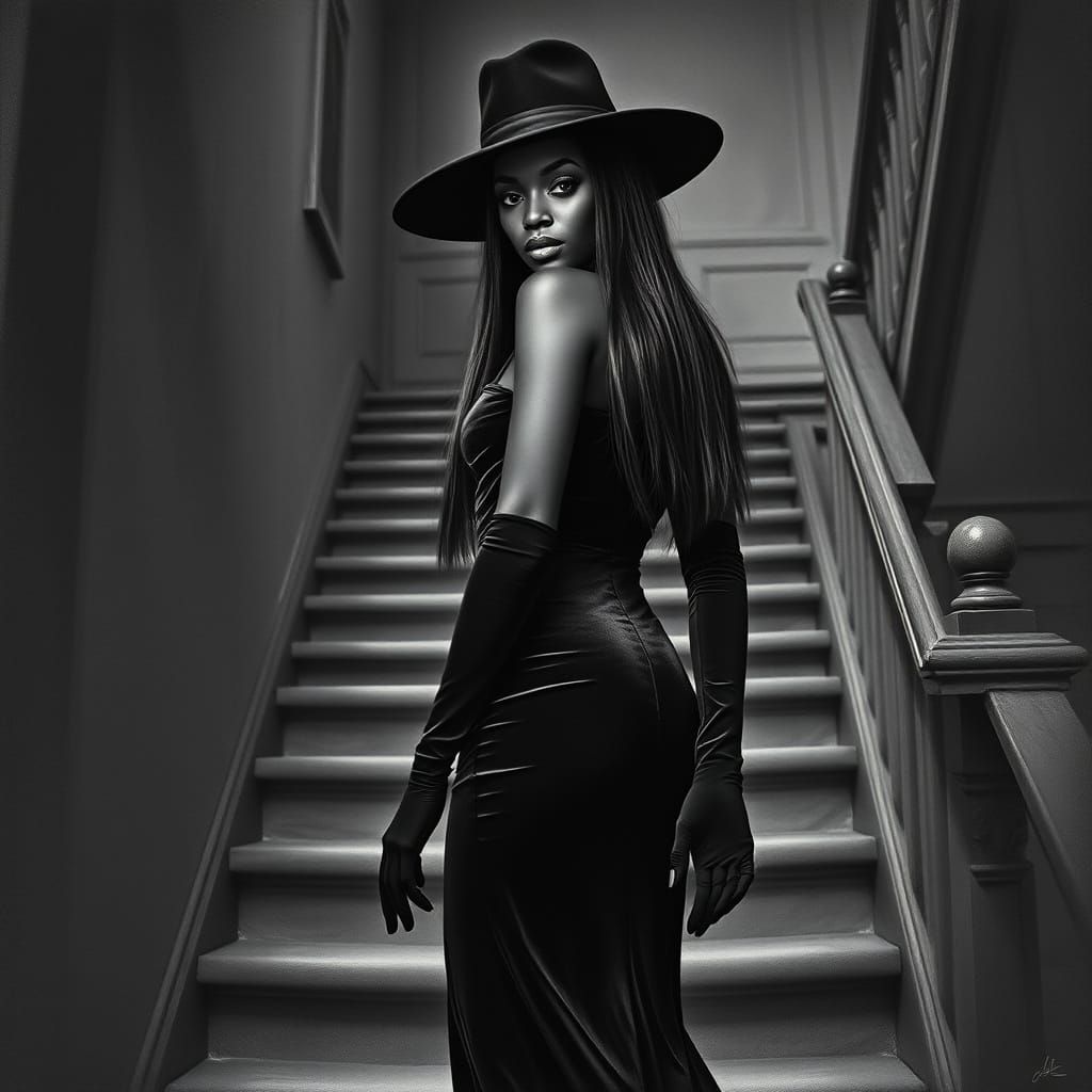 Charcoal Portrait of Woman in Velvet Dress on Ancient Stairs