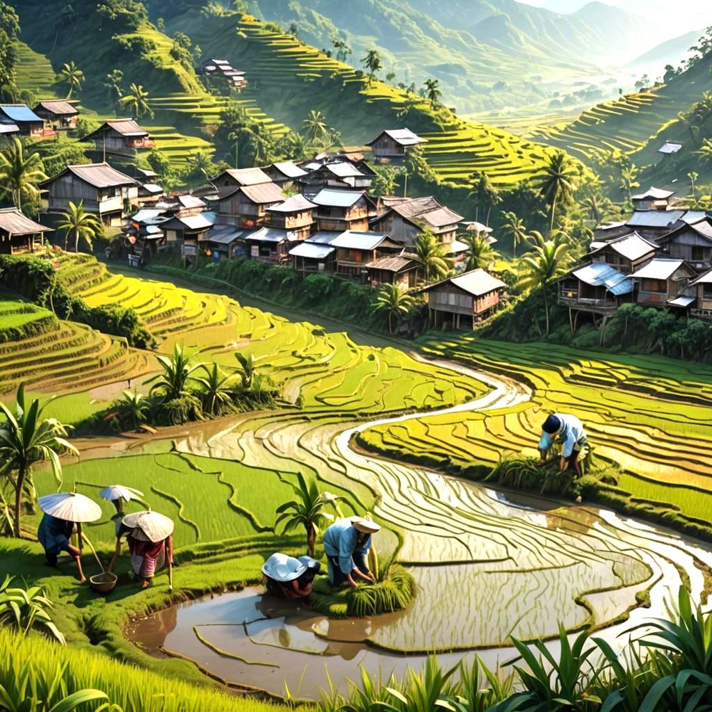 Rice Farmers in Mountain Valley: Hyperrealistic Concept Art