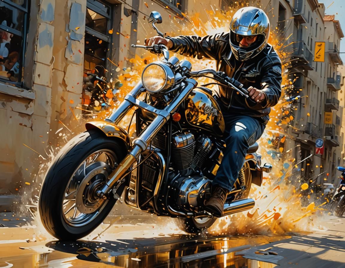 Dynamic Motorcycle Portrait in Vibrant Oil on Canvas