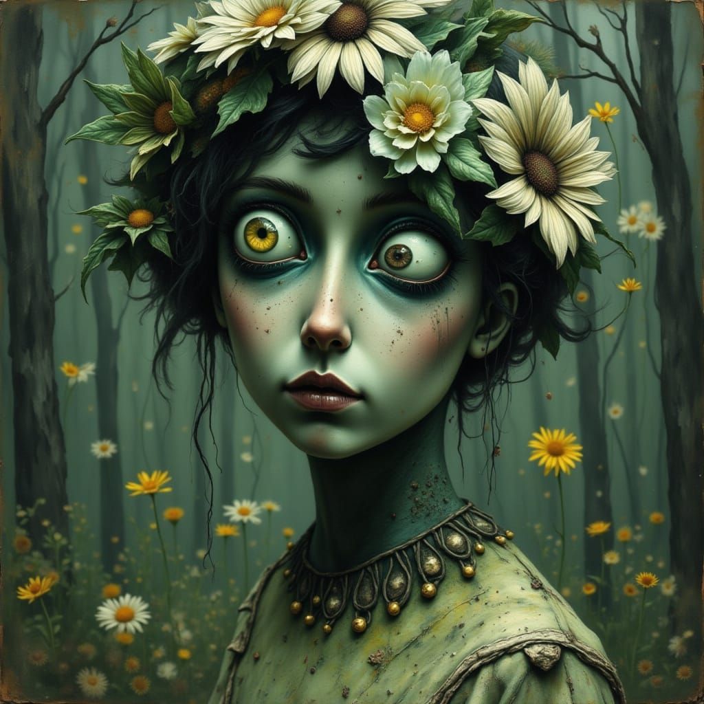 Surreal Green Woman with Mismatched Features