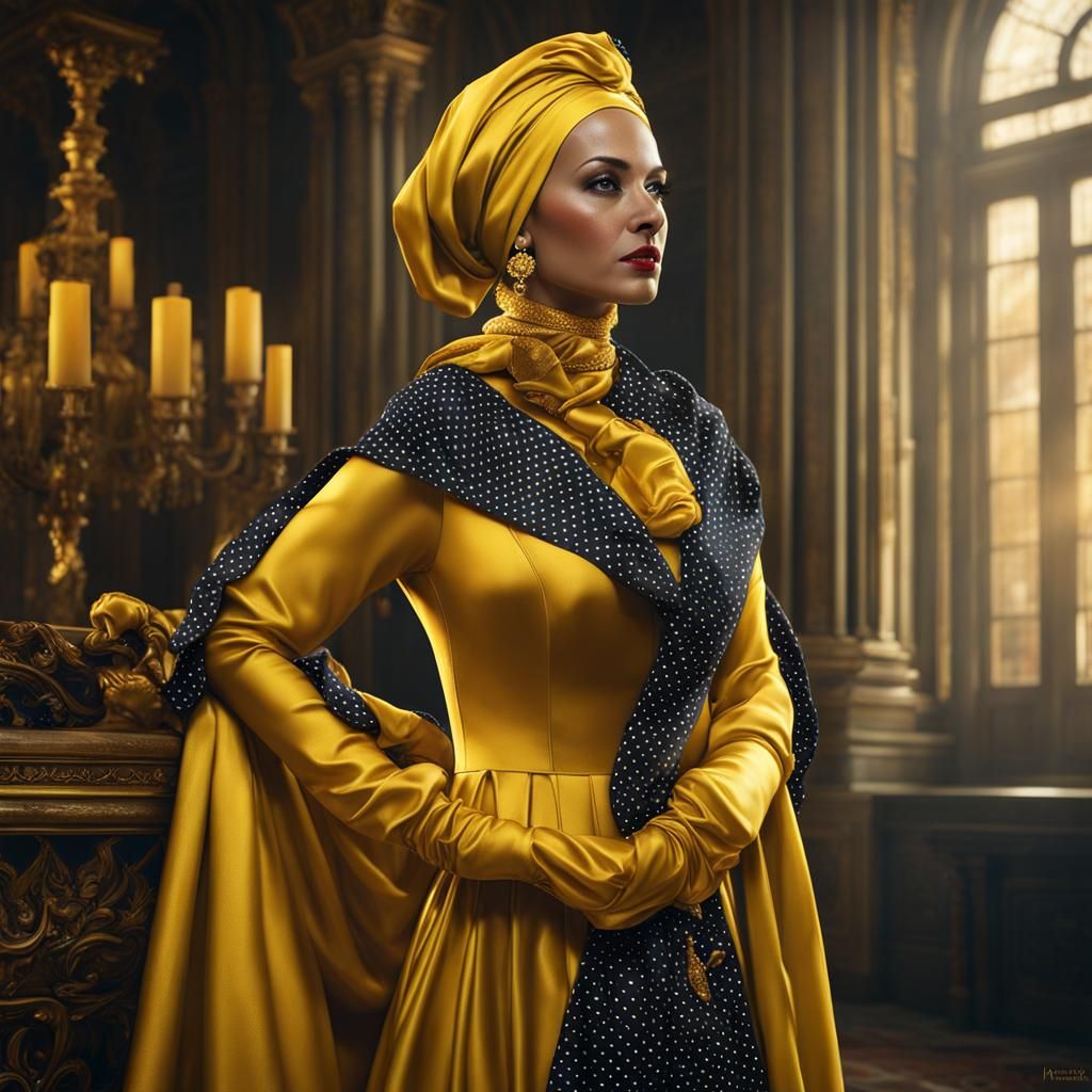 Mature Lady in Yellow Polkadot Satin, Detailed Digital Art